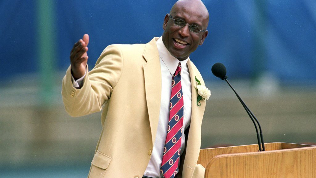 7 Aug 1999: Eric Dickerson talks to the press during his induction into the Pro Football Hall of Fame in Canton, Ohio.